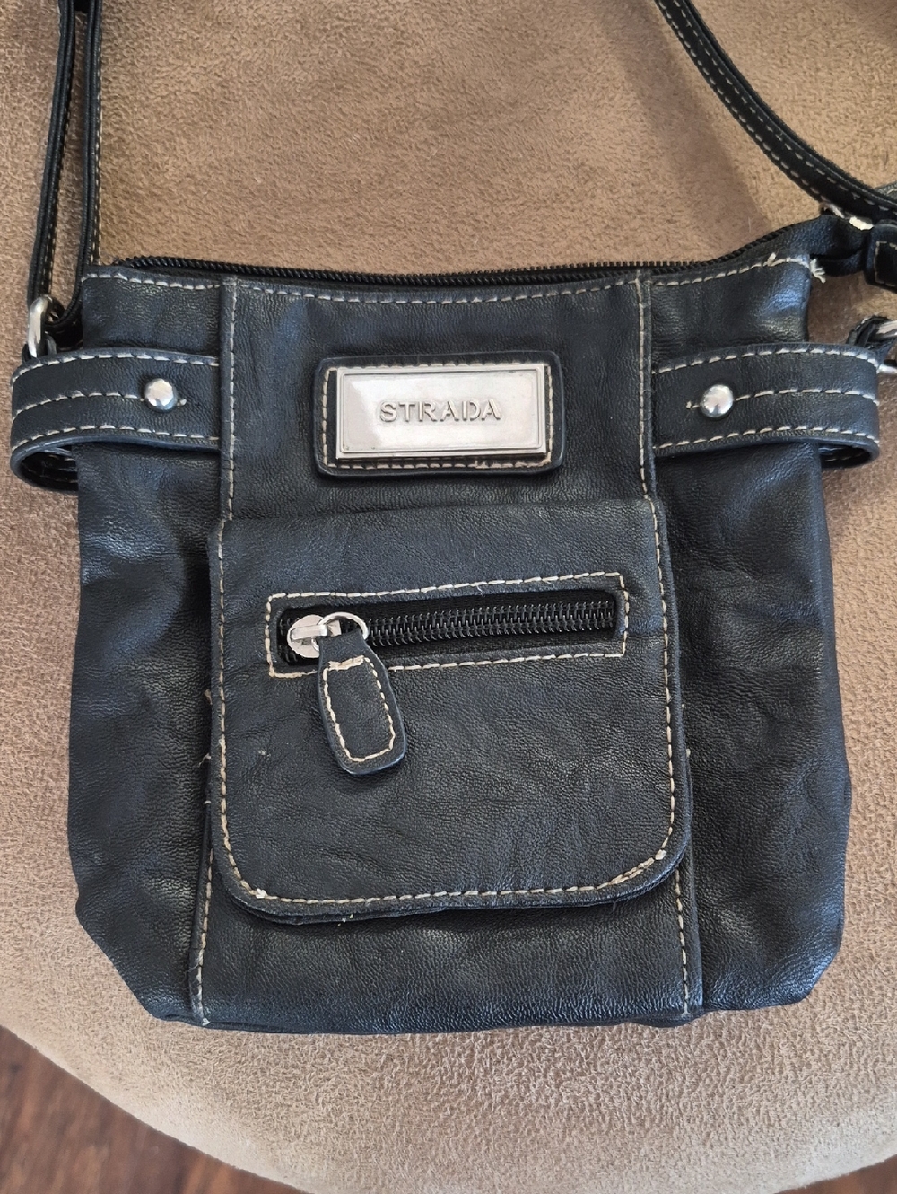 Strada Black Crossbody with White Contrast Stitching